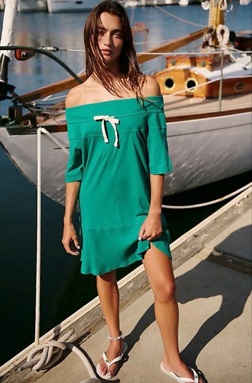 Free People FP Beach Gemma Mini Dress XS Green Off Shoulder Cotton Shift Bow